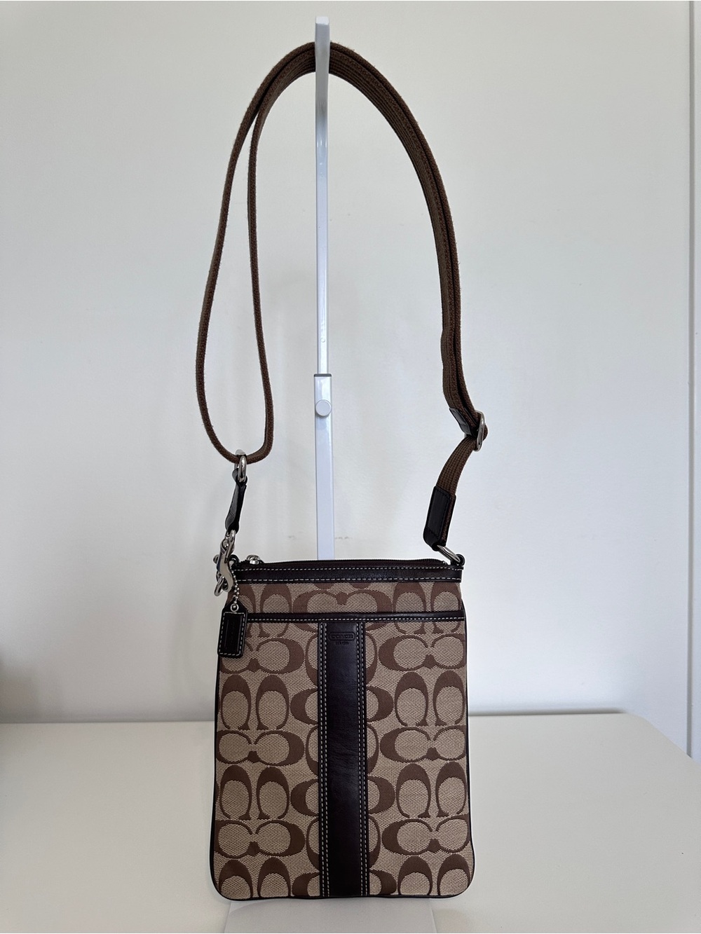 Coach Signature Stripe Swingpack Crossbody Bag Brown Khaki Canvas Leather Trim